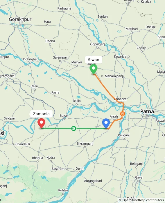 Route map showing distance and travel time from Siwan, India to Zamania, India