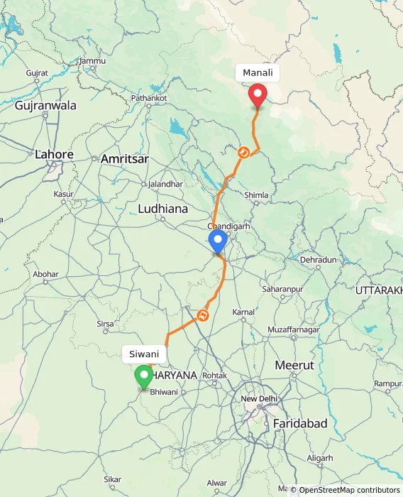 Route map showing distance and travel time from Siwani, India to Manali, India