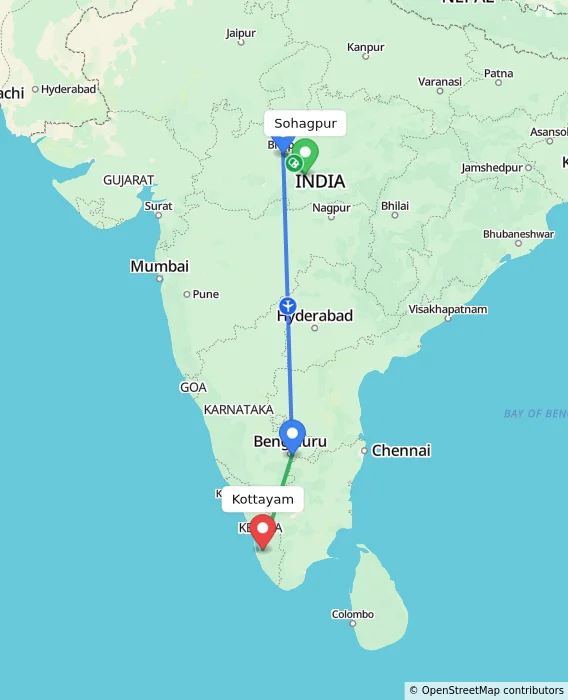 Route map showing distance and travel time from Sohagpur, India to Kottayam, India