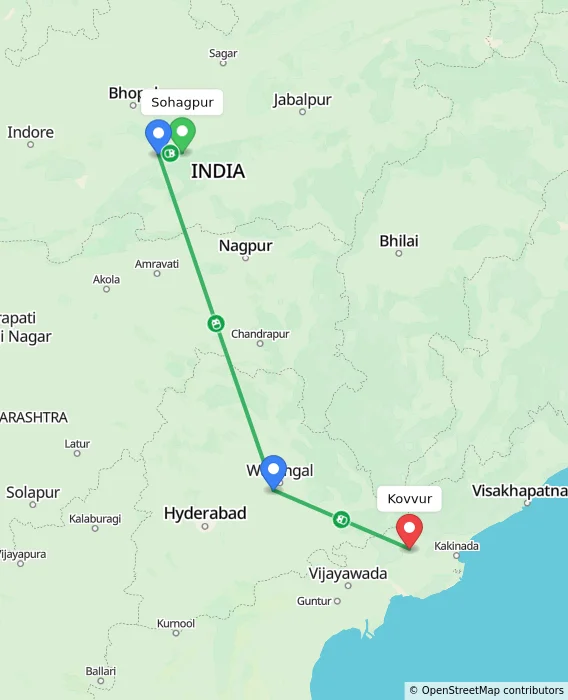 Route map showing distance and travel time from Sohagpur, India to Kovvur, India