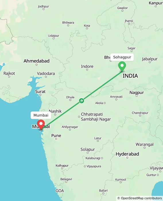 Route map showing distance and travel time from Sohagpur, India to Mumbai, India