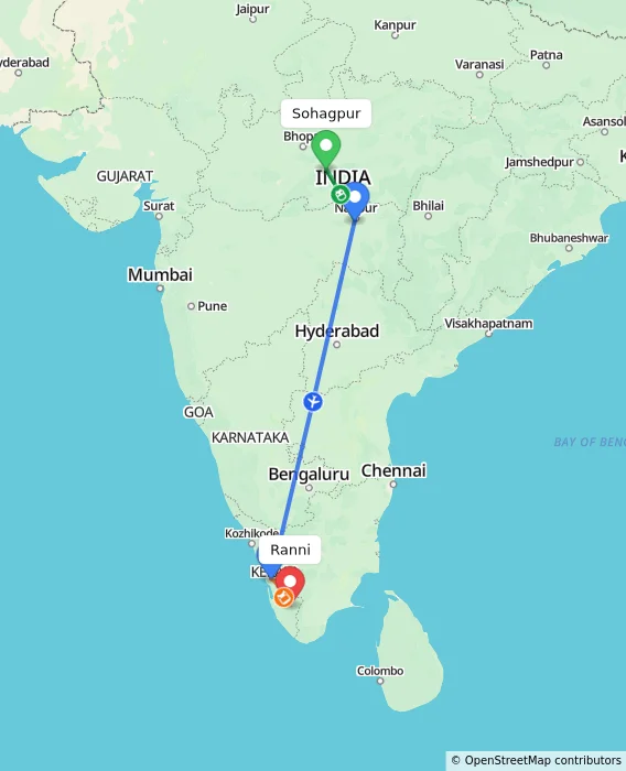 Route map showing distance and travel time from Sohagpur, India to Ranni, India