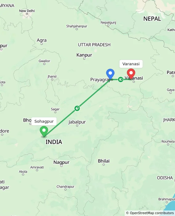 Route map showing distance and travel time from Sohagpur, India to Varanasi, India