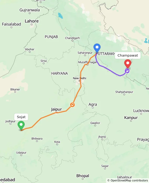 Route map showing distance and travel time from Sojat, India to Champawat, India