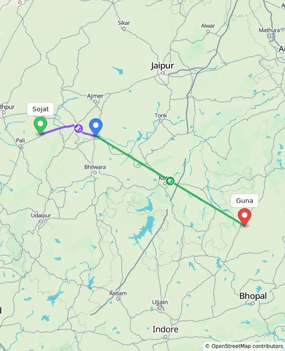 Route map showing distance and travel time from Sojat, India to Guna, India