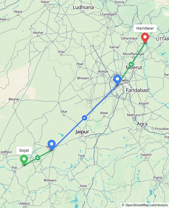 Route map showing distance and travel time from Sojat, India to Haridwar, India