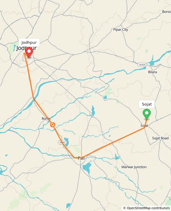 Route map showing distance and travel time from Sojat, India to Jodhpur, India