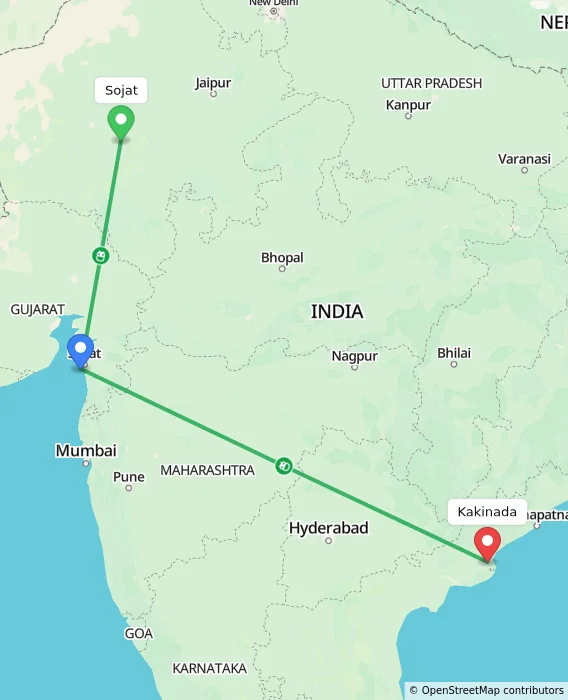 Route map showing distance and travel time from Sojat, India to Kakinada, India