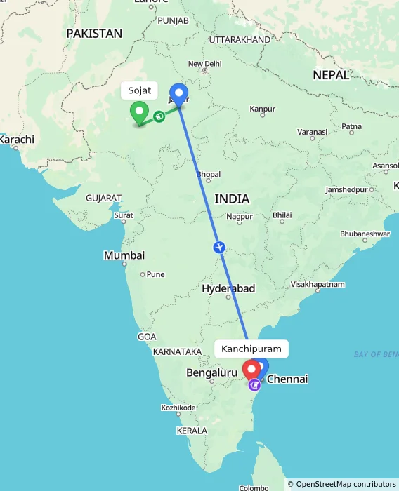 Route map showing distance and travel time from Sojat, India to Kanchipuram, India
