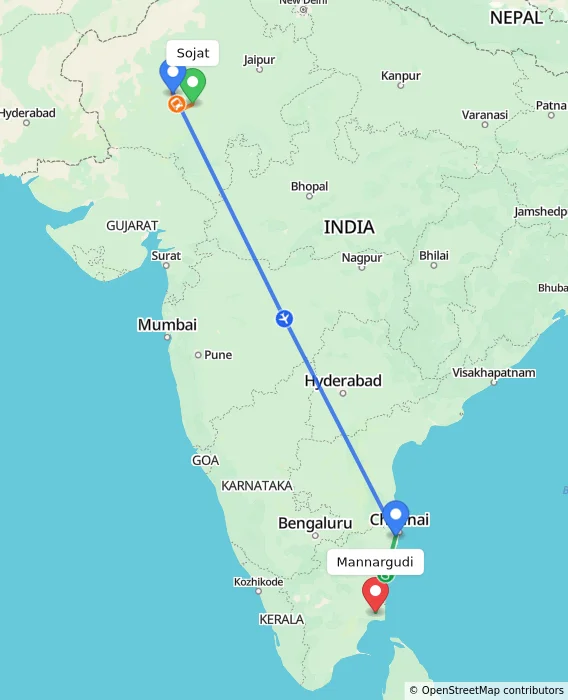 Route map showing distance and travel time from Sojat, India to Mannargudi, India