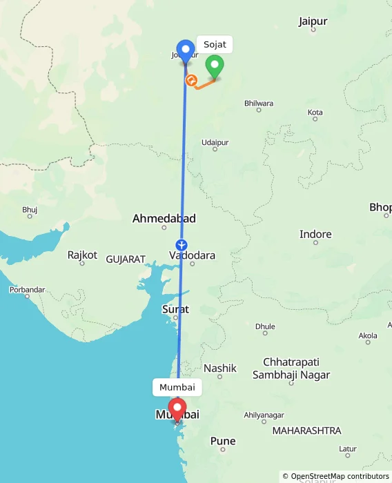 Route map showing distance and travel time from Sojat, India to Mumbai, India