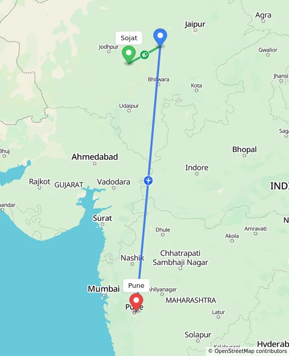 Route map showing distance and travel time from Sojat, India to Pune, India