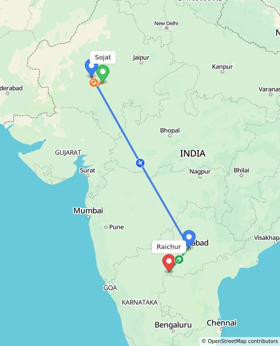 Route map showing distance and travel time from Sojat, India to Raichur, India