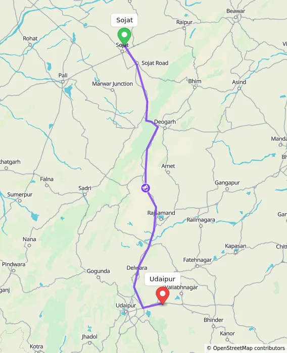Route map showing distance and travel time from Sojat, India to Udaipur, India
