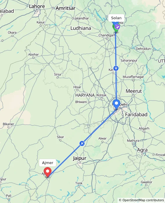 Route map showing distance and travel time from Solan, India to Ajmer, India