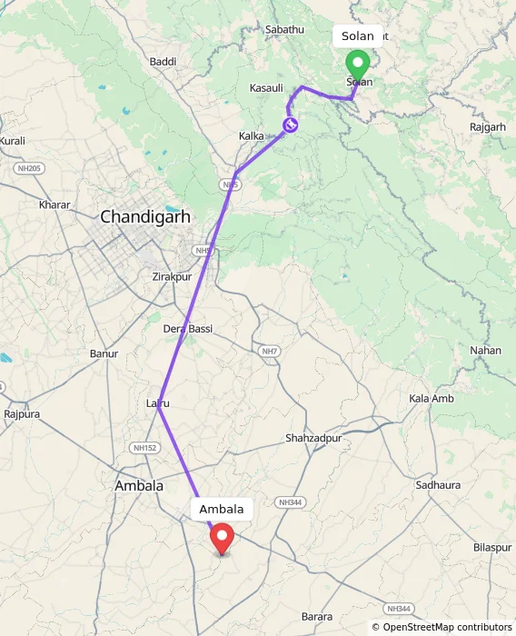 Route map showing distance and travel time from Solan, India to Ambala, India