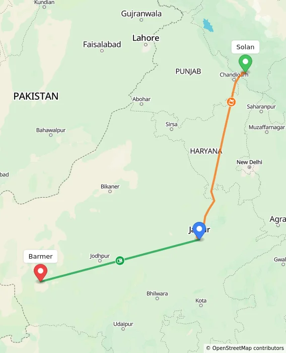 Route map showing distance and travel time from Solan, India to Barmer, India