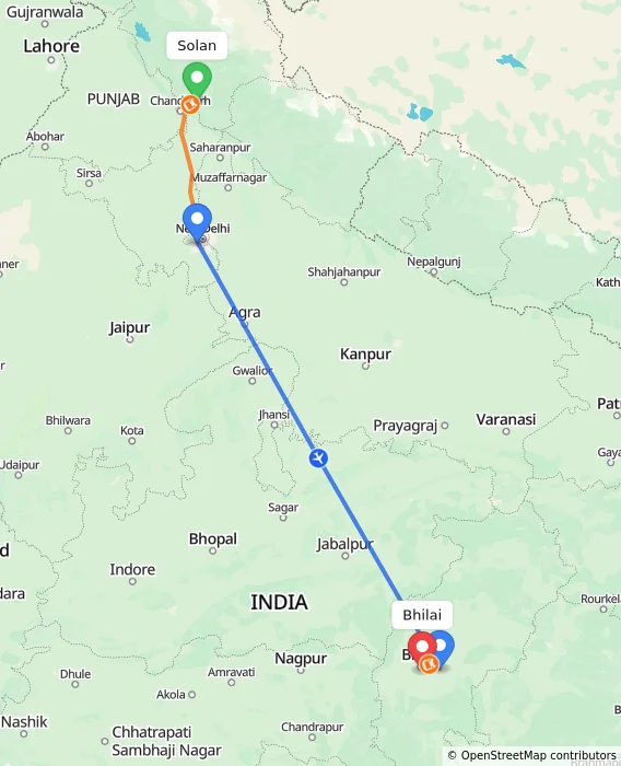 Route map showing distance and travel time from Solan, India to Bhilai, India