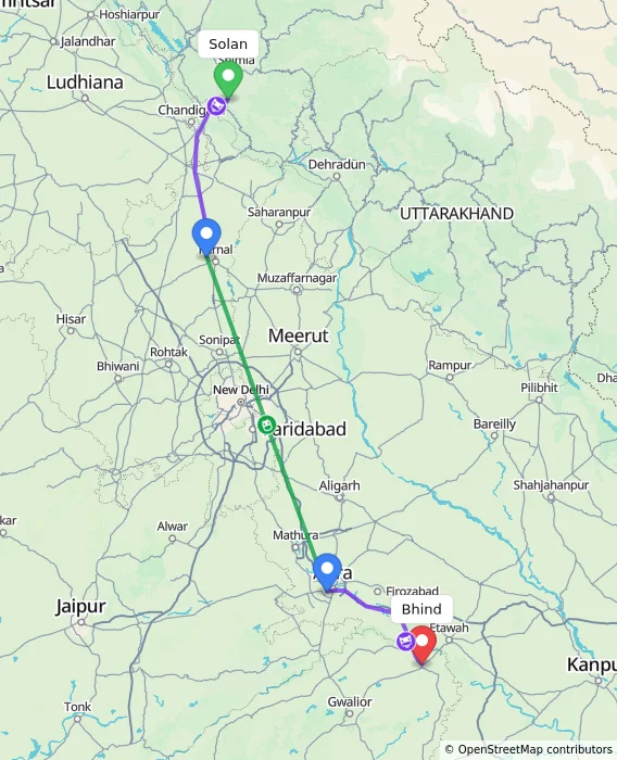 Route map showing distance and travel time from Solan, India to Bhind, India