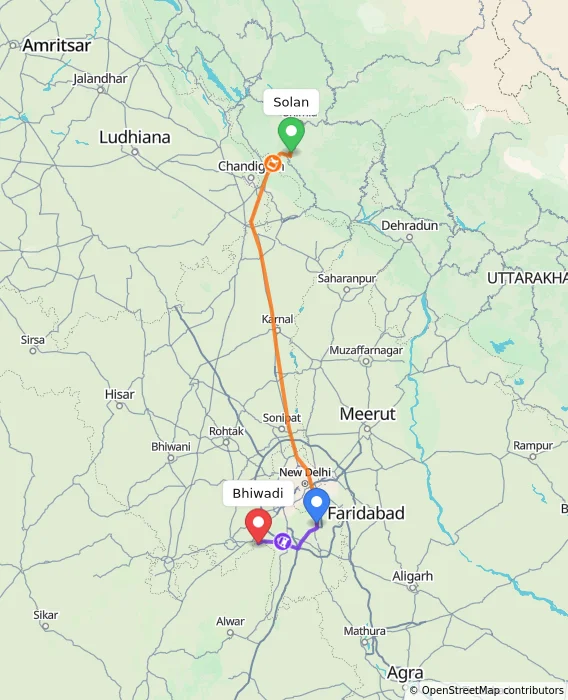 Route map showing distance and travel time from Solan, India to Bhiwadi, India