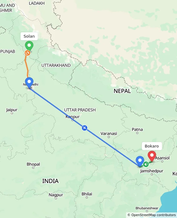 Route map showing distance and travel time from Solan, India to Bokaro, India