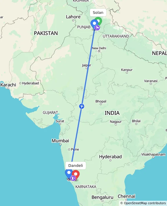Route map showing distance and travel time from Solan, India to Dandeli, India