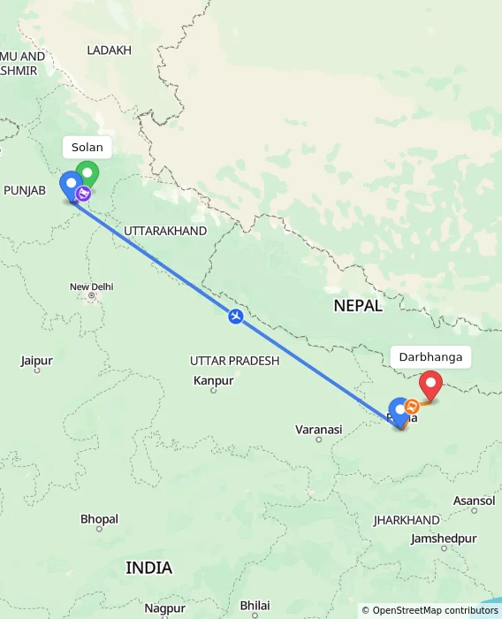 Route map showing distance and travel time from Solan, India to Darbhanga, India