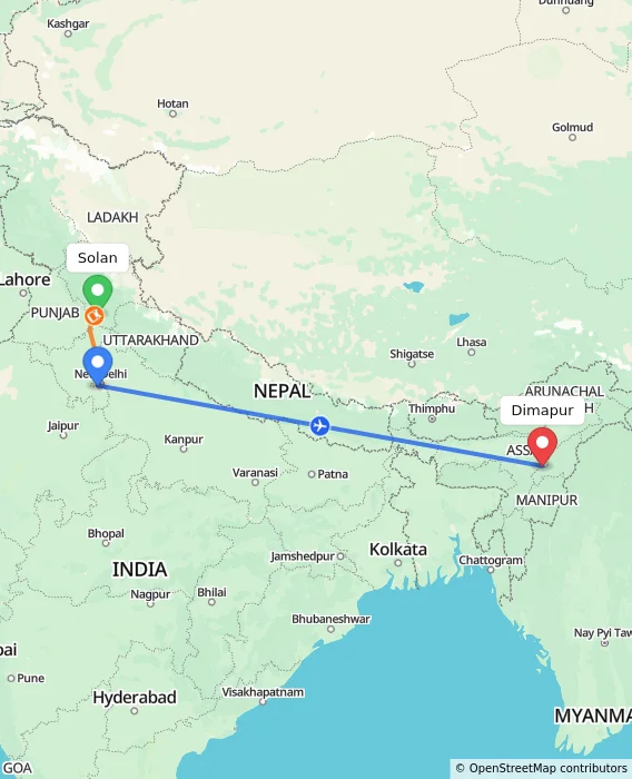 Route map showing distance and travel time from Solan, India to Dimapur, India