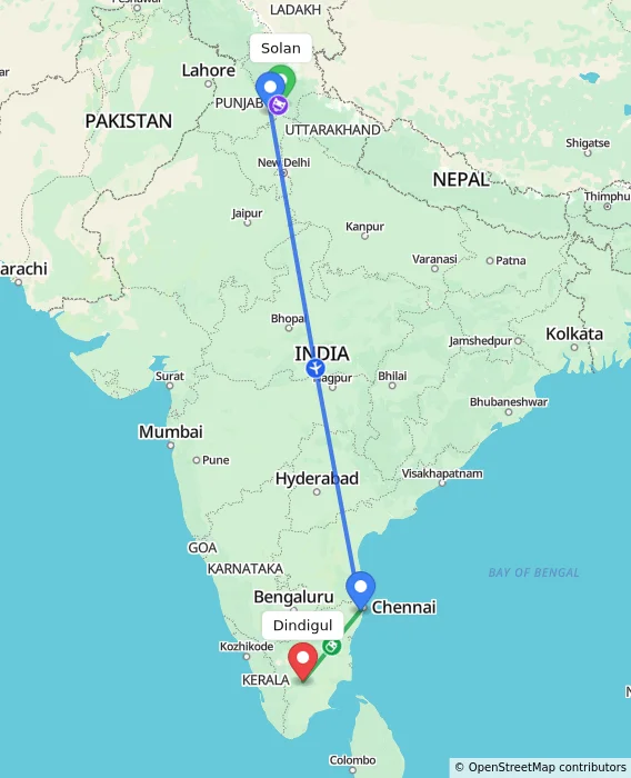 Route map showing distance and travel time from Solan, India to Dindigul, India
