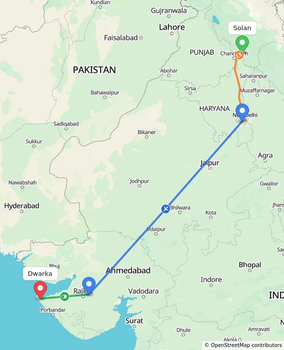 Route map showing distance and travel time from Solan, India to Dwarka, India