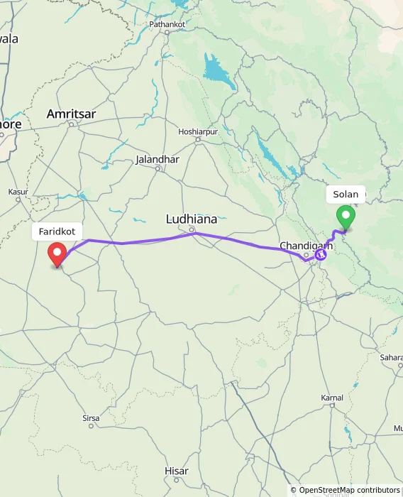 Route map showing distance and travel time from Solan, India to Faridkot, India
