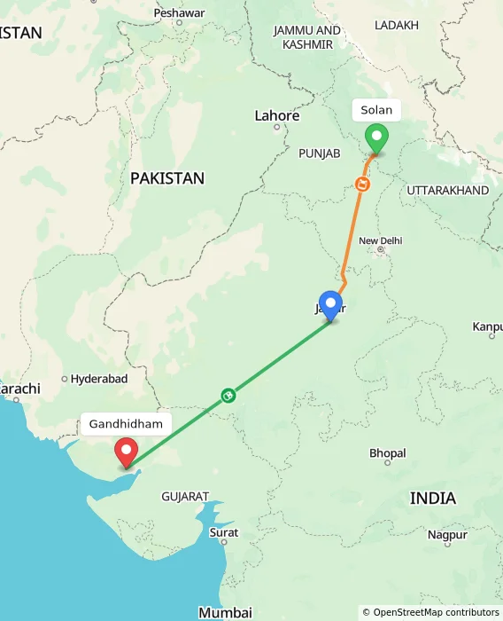 Route map showing distance and travel time from Solan, India to Gandhidham, India