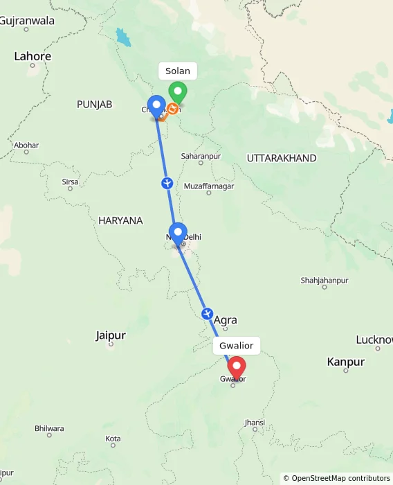 Route map showing distance and travel time from Solan, India to Gwalior, India