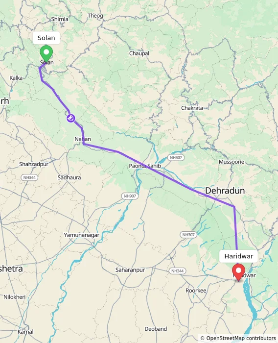 Route map showing distance and travel time from Solan, India to Haridwar, India