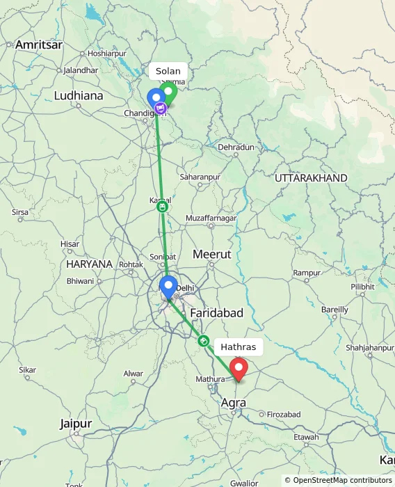 Route map showing distance and travel time from Solan, India to Hathras, India