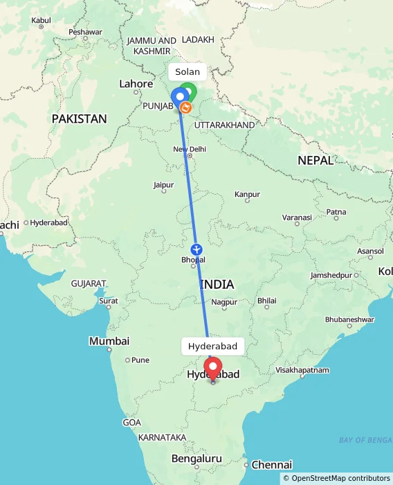 Route map showing distance and travel time from Solan, India to Hyderabad, India