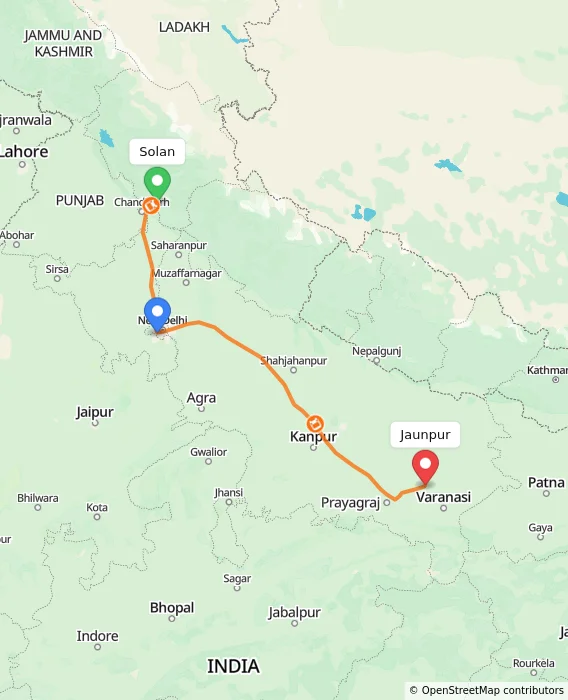 Route map showing distance and travel time from Solan, India to Jaunpur, India