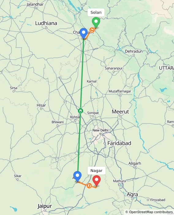 Route map showing distance and travel time from Solan, India to Nagar, India