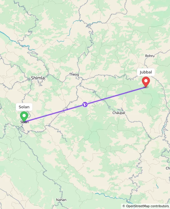 Route map showing distance and travel time from Solan, India to Jubbal, India