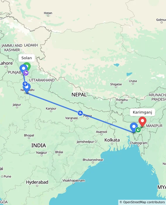 Route map showing distance and travel time from Solan, India to Karimganj, India