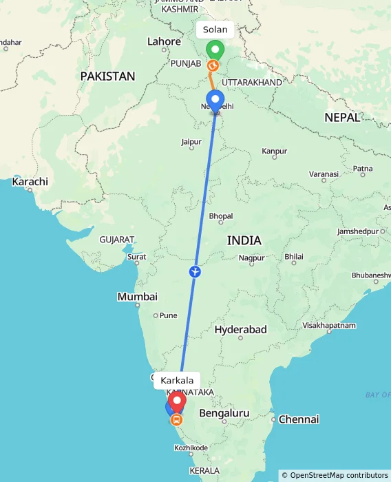 Route map showing distance and travel time from Solan, India to Karkala, India