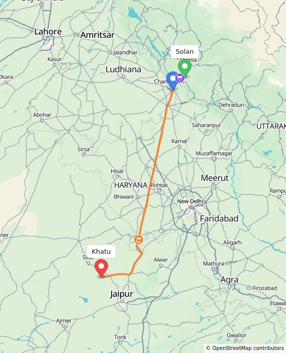 Route map showing distance and travel time from Solan, India to Khatu, India