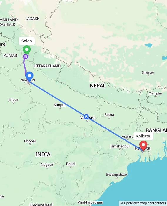 Route map showing distance and travel time from Solan, India to Kolkata, India