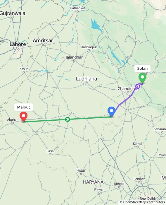 Route map showing distance and travel time from Solan, India to Malout, India