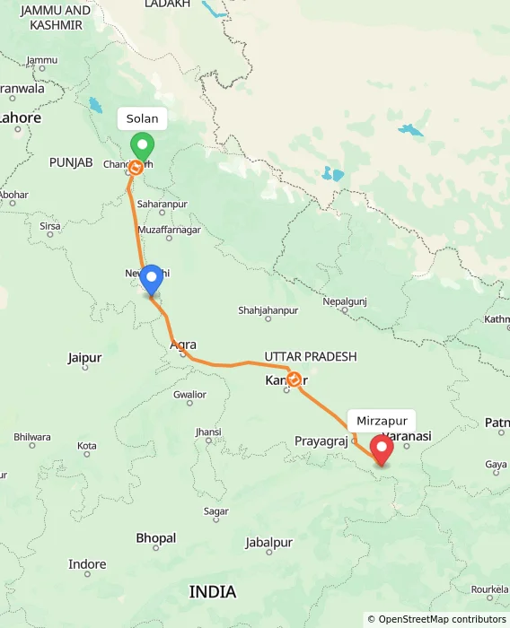 Route map showing distance and travel time from Solan, India to Mirzapur, India