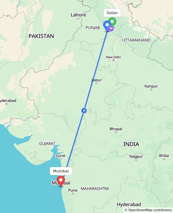 Route map showing distance and travel time from Solan, India to Mumbai, India