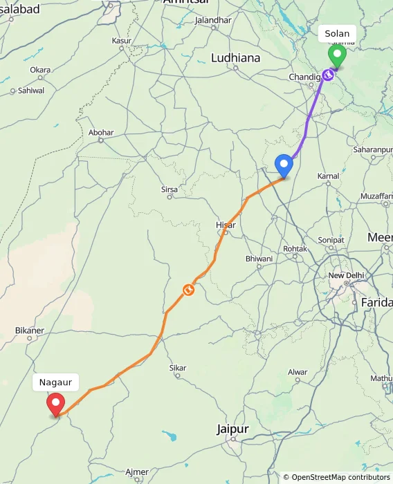 Route map showing distance and travel time from Solan, India to Nagaur, India