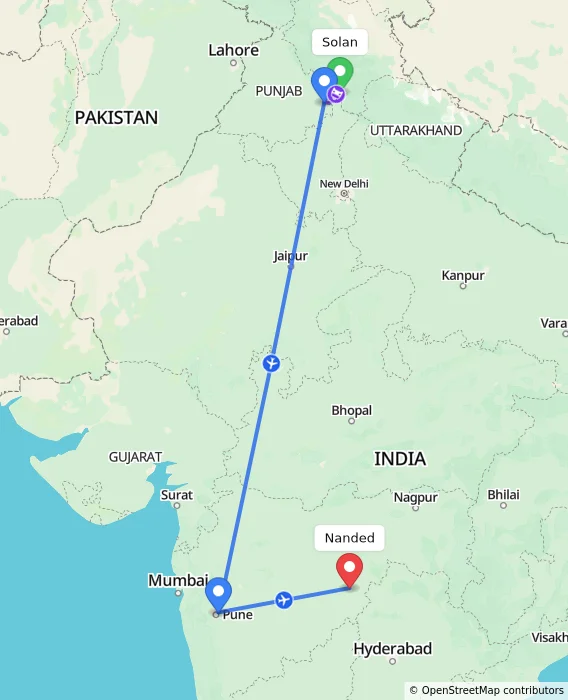 Route map showing distance and travel time from Solan, India to Nanded, India