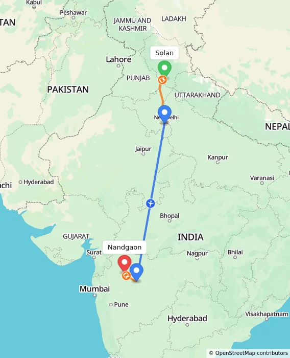 Route map showing distance and travel time from Solan, India to Nandgaon, India