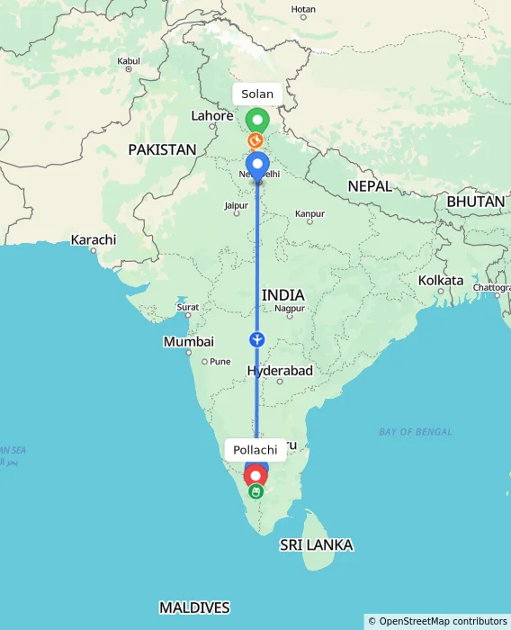 Route map showing distance and travel time from Solan, India to Pollachi, India